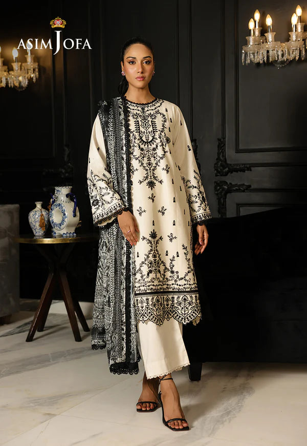 AJMCH-02 stitched cambric beige suit with black embroidery and fancy printed chiffon dupatta – Ideal for summer events for Pakistani women abroad


