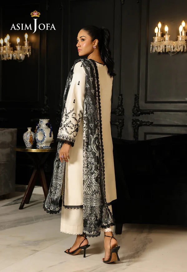 AJMCH-02 stitched cambric beige suit with black embroidery and fancy printed chiffon dupatta – Ideal for summer events for Pakistani women abroad

