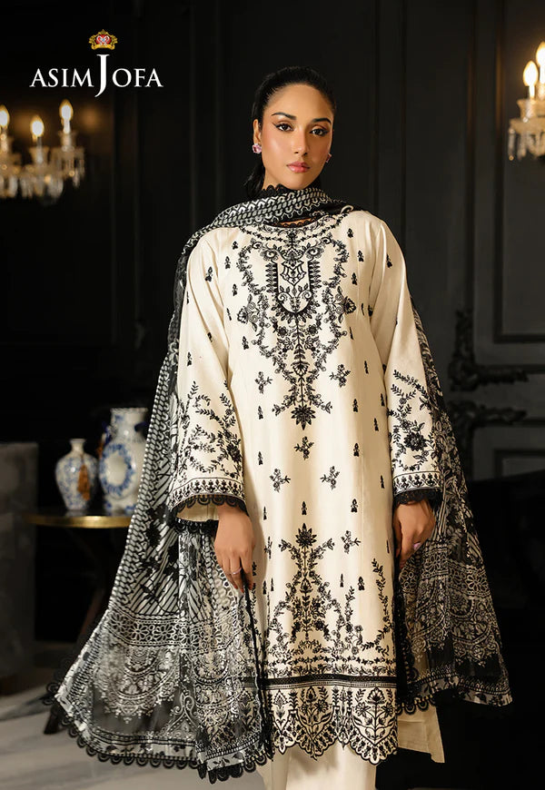 AJMCH-02 stitched cambric beige suit with black embroidery and fancy printed chiffon dupatta – Ideal for summer events for Pakistani women abroad

