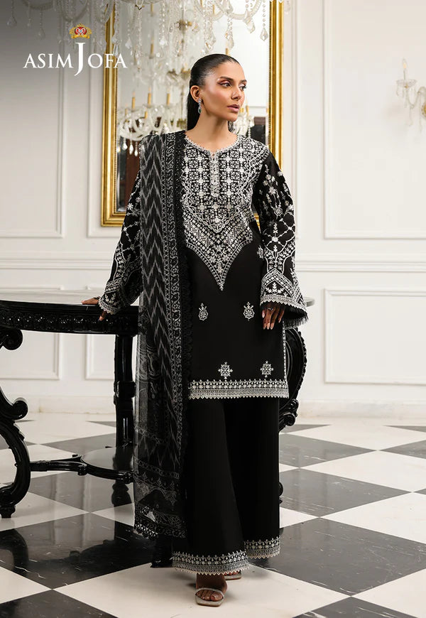 AJMCH-04 stitched black 3-piece cambric suit with embroidered neckline and sleeves, paired with a printed chiffon dupatta – Monochrome outfit for Pakistani women abroad