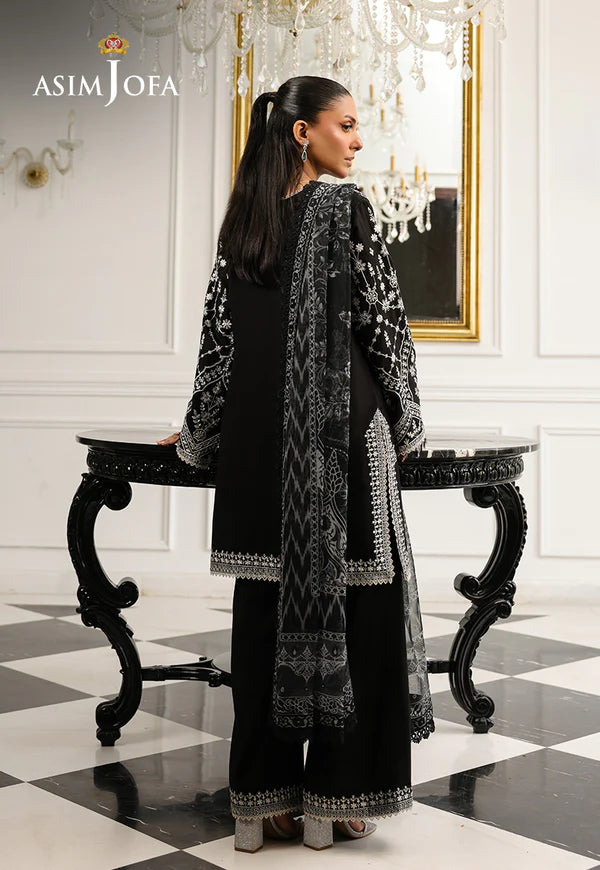 AJMCH-04 stitched black 3-piece cambric suit with embroidered neckline and sleeves, paired with a printed chiffon dupatta – Monochrome outfit for Pakistani women abroad