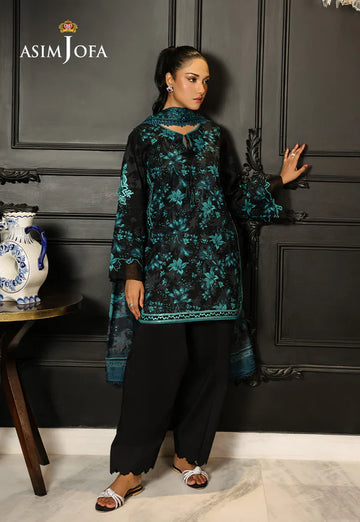 AJMCH-05 black stitched lawn suit with tropical turquoise print and silk dupatta – Ready-to-wear Pakistani outfit for summer abroad