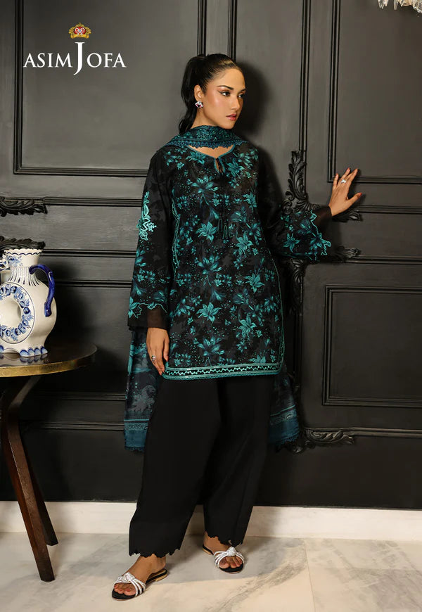 AJMCH-05 black stitched lawn suit with tropical turquoise print and silk dupatta – Ready-to-wear Pakistani outfit for summer abroad