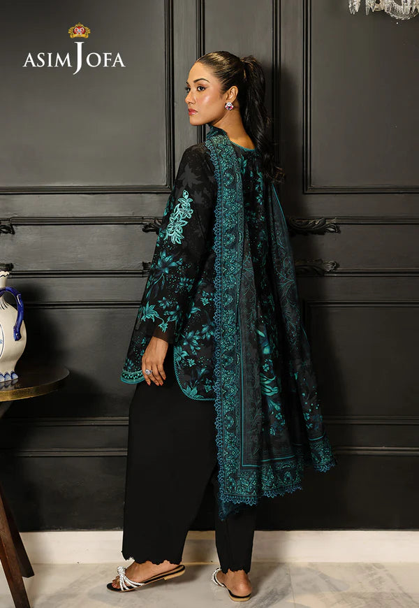 AJMCH-05 black stitched lawn suit with tropical turquoise print and silk dupatta – Ready-to-wear Pakistani outfit for summer abroad
