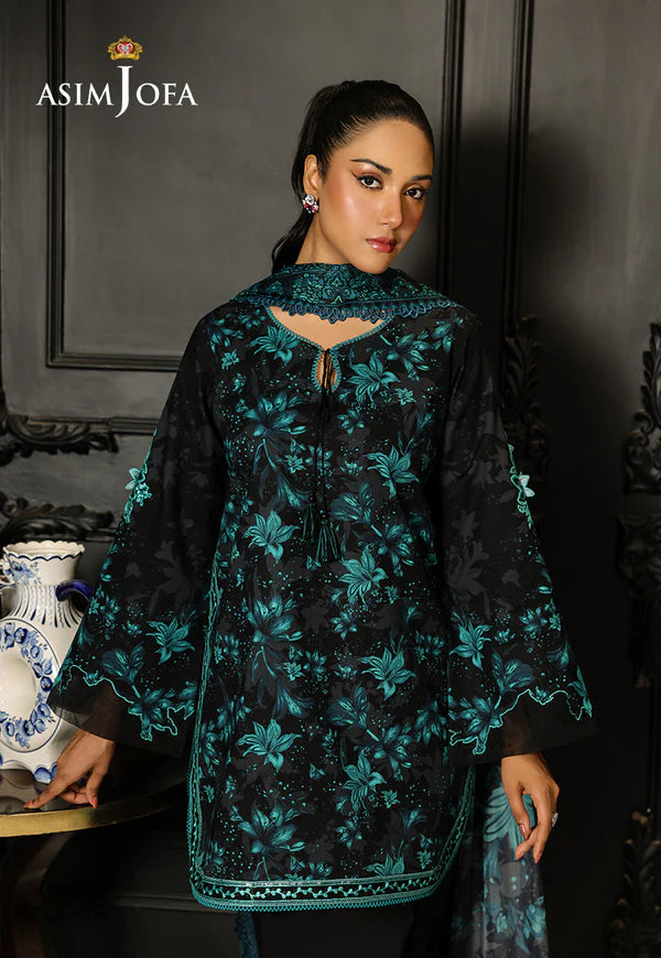 AJMCH-05 black stitched lawn suit with tropical turquoise print and silk dupatta – Ready-to-wear Pakistani outfit for summer abroad