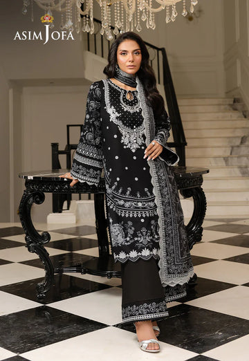 AJMCH-06 black printed lawn stitched outfit with embroidered neckline and silk dupatta – Everyday wear for Pakistani women abroad