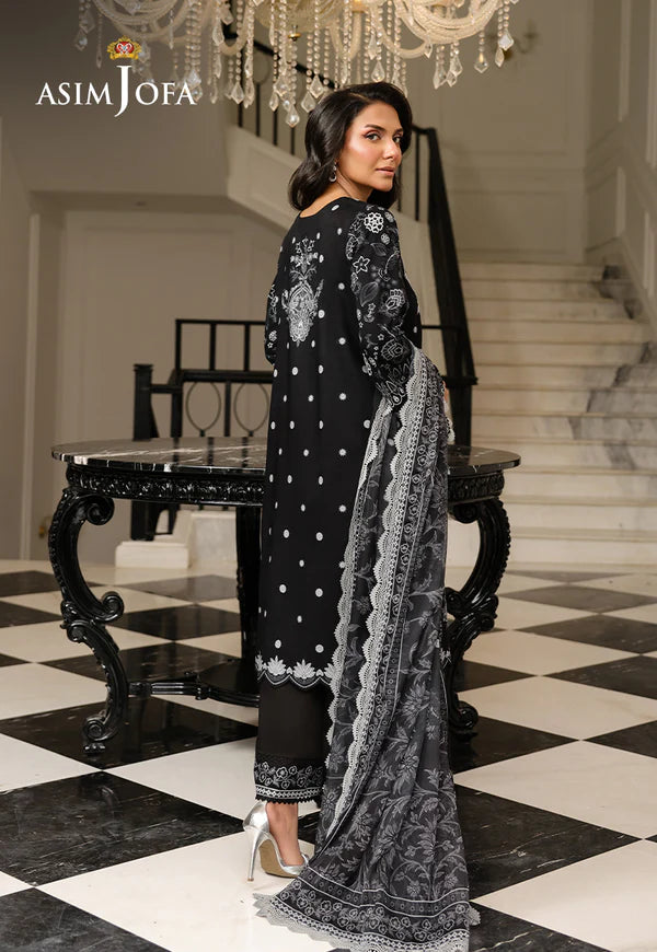 AJMCH-06 black printed lawn stitched outfit with embroidered neckline and silk dupatta – Everyday wear for Pakistani women abroad