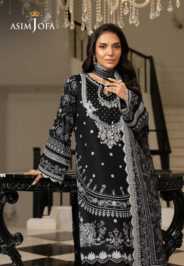 AJMCH-06 black printed lawn stitched outfit with embroidered neckline and silk dupatta – Everyday wear for Pakistani women abroad