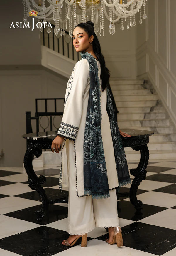 AJMCH-08 stitched pastel cambric suit with embroidery and printed silk dupatta – Elegant beige outfit for Pakistani women abroad

