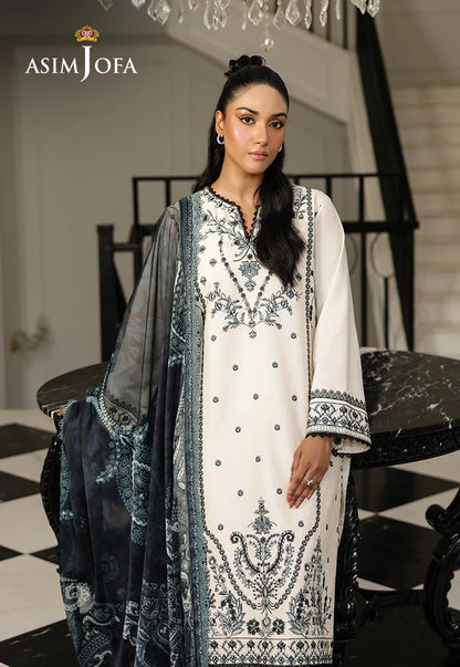 AJMCH-08 stitched pastel cambric suit with embroidery and printed silk dupatta – Elegant beige outfit for Pakistani women abroad

