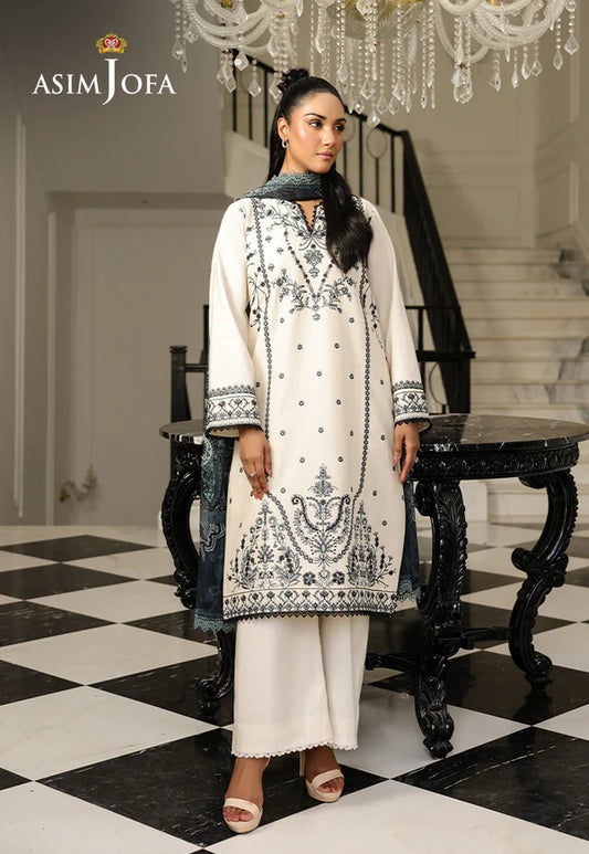 AJMCH-08 stitched pastel cambric suit with embroidery and printed silk dupatta – Elegant beige outfit for Pakistani women abroad

