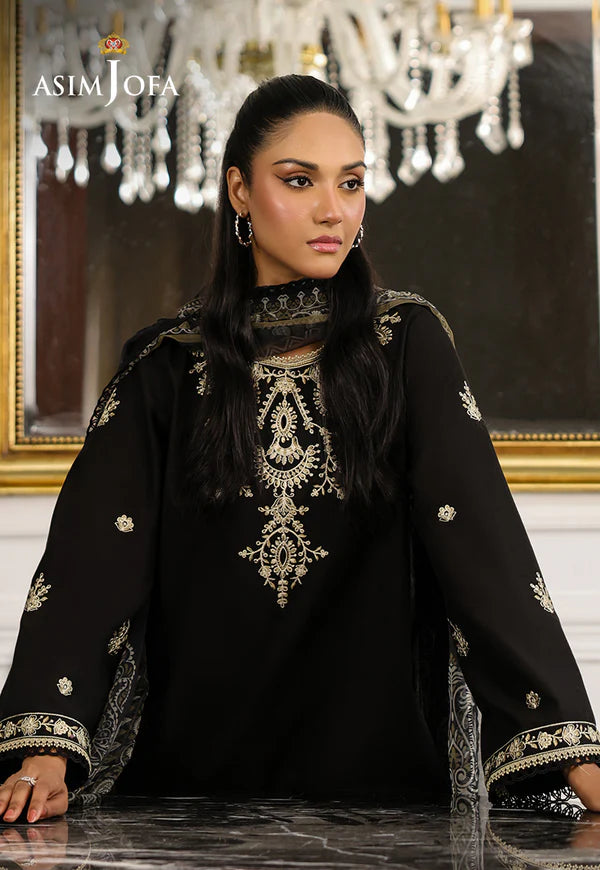 AJMCH-09 stitched black cambric suit with ivory embroidery and chiffon dupatta – Minimalist outfit for Pakistani women abroad