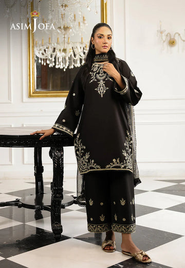 AJMCH-09 stitched black cambric suit with ivory embroidery and chiffon dupatta – Minimalist outfit for Pakistani women abroad