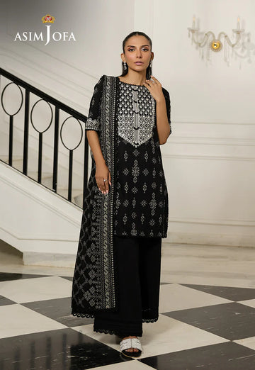 AJMCH-10 stitched black 3-piece lawn suit with embroidered neckline, printed dupatta, and cotton pants – Summer wear for Pakistani women in Canada