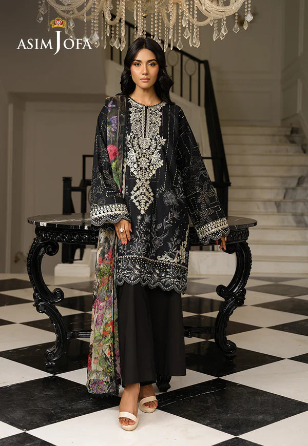 AJMCH-12 stitched black lawn outfit with white embroidery and chiffon garden-print dupatta – Summer outfit for Pakistani women abroad
