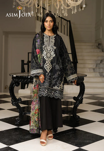 AJMCH-12 stitched black lawn outfit with white embroidery and chiffon garden-print dupatta – Summer outfit for Pakistani women abroad
