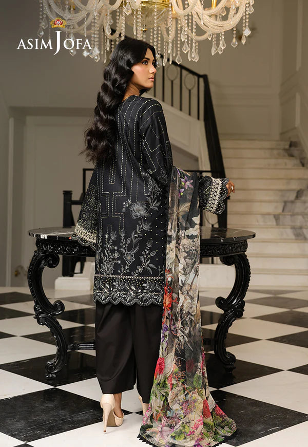 AJMCH-12 stitched black lawn outfit with white embroidery and chiffon garden-print dupatta – Summer outfit for Pakistani women abroad