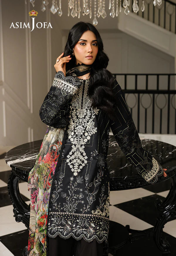 AJMCH-12 stitched black lawn outfit with white embroidery and chiffon garden-print dupatta – Summer outfit for Pakistani women abroad