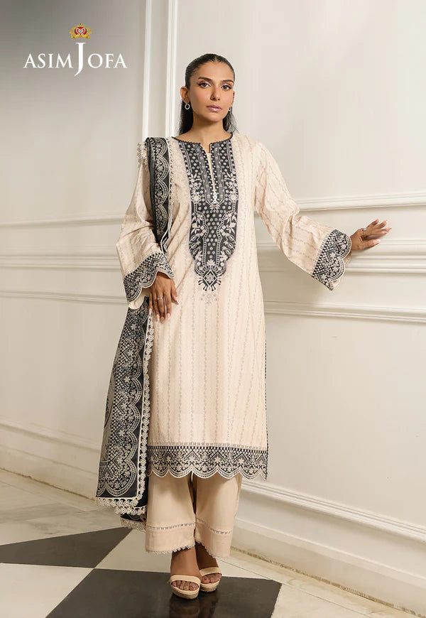 AJMCH-16 stitched off-white printed lawn outfit with cambric pants and contrast dupatta – Modern Pakistani summer suit for UK women