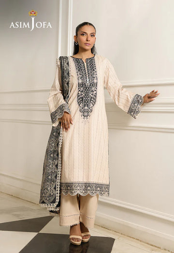 AJMCH-16 stitched off-white printed lawn outfit with cambric pants and contrast dupatta – Modern Pakistani summer suit for UK women