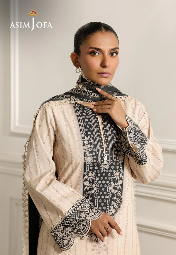AJMCH-16 stitched off-white printed lawn outfit with cambric pants and contrast dupatta – Modern Pakistani summer suit for UK women