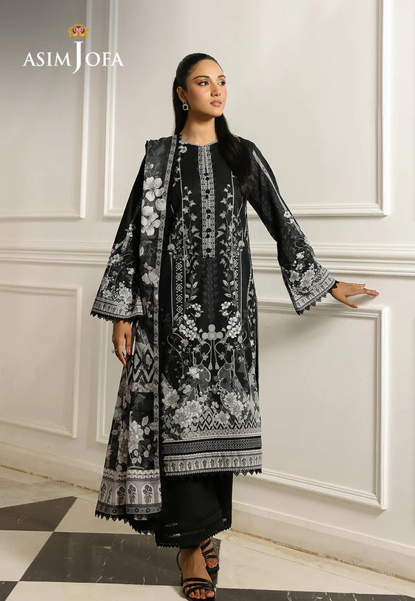 AJMCH-17 black stitched lawn suit with gray digital print and printed dupatta – Elegant 3-piece for Pakistani women abroad

