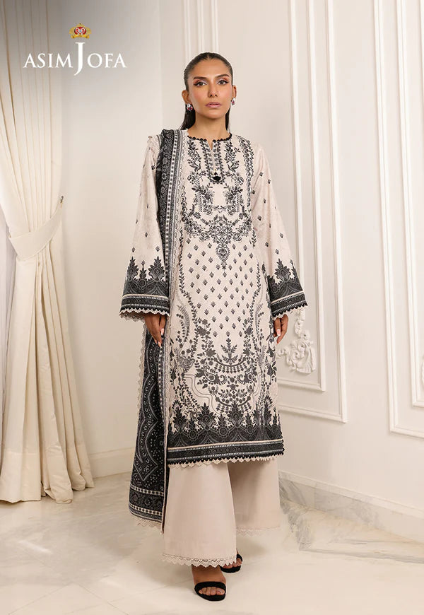 AJMCH-19 stitched white digital lawn suit with heritage motifs and contrasting printed dupatta – Cultural summer outfit for Pakistani women abroad