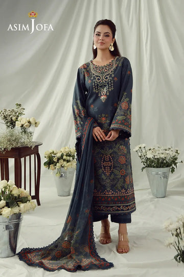 AJUBEP-01 Asim Jofa Dark Grey Printed Cambric Stitched 3PC Suit with embroidered organza neckline, sleeve borders and chiffon dupatta