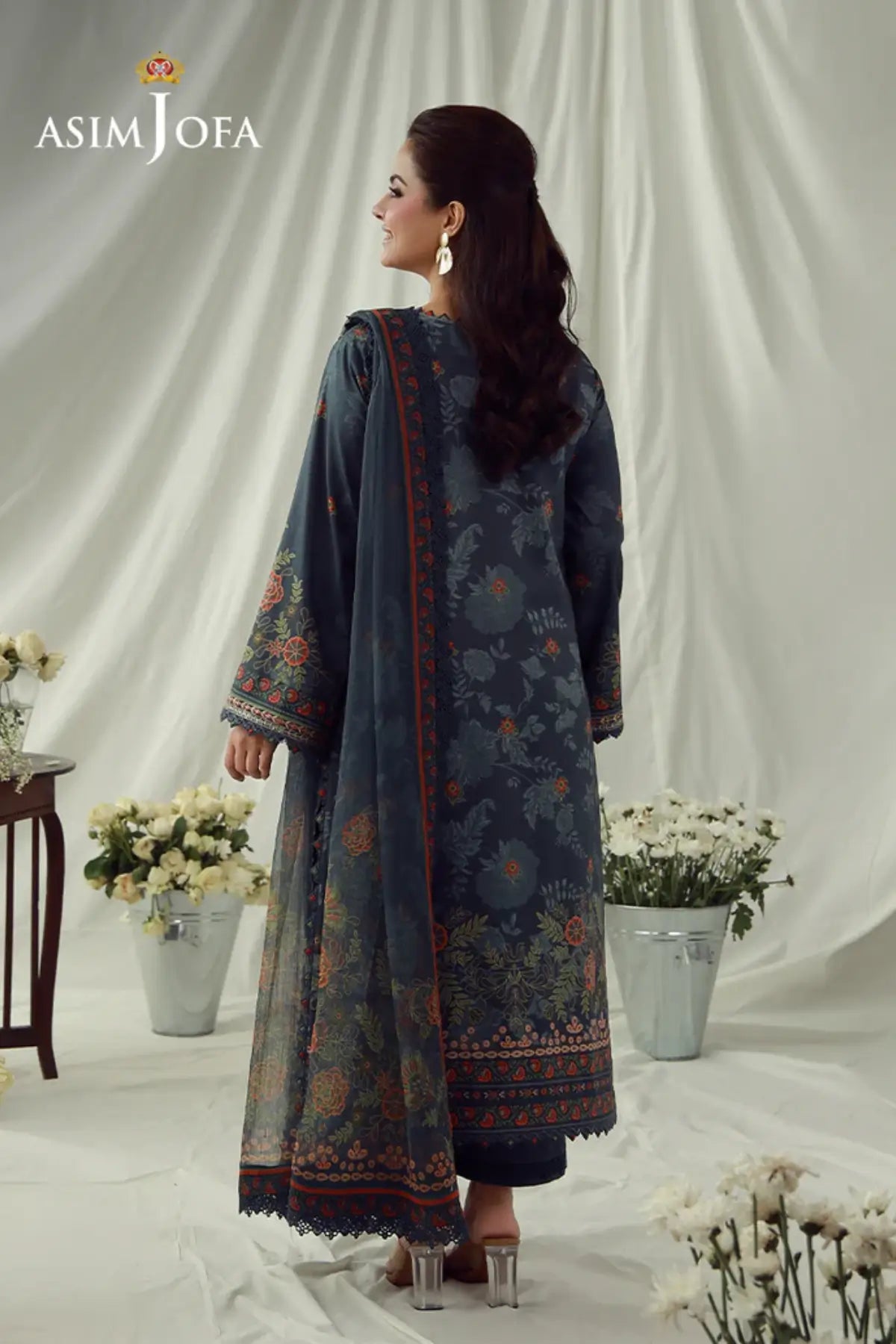 AJUBEP-01 Asim Jofa Dark Grey Printed Cambric Stitched 3PC Suit with embroidered organza neckline, sleeve borders and chiffon dupatta
