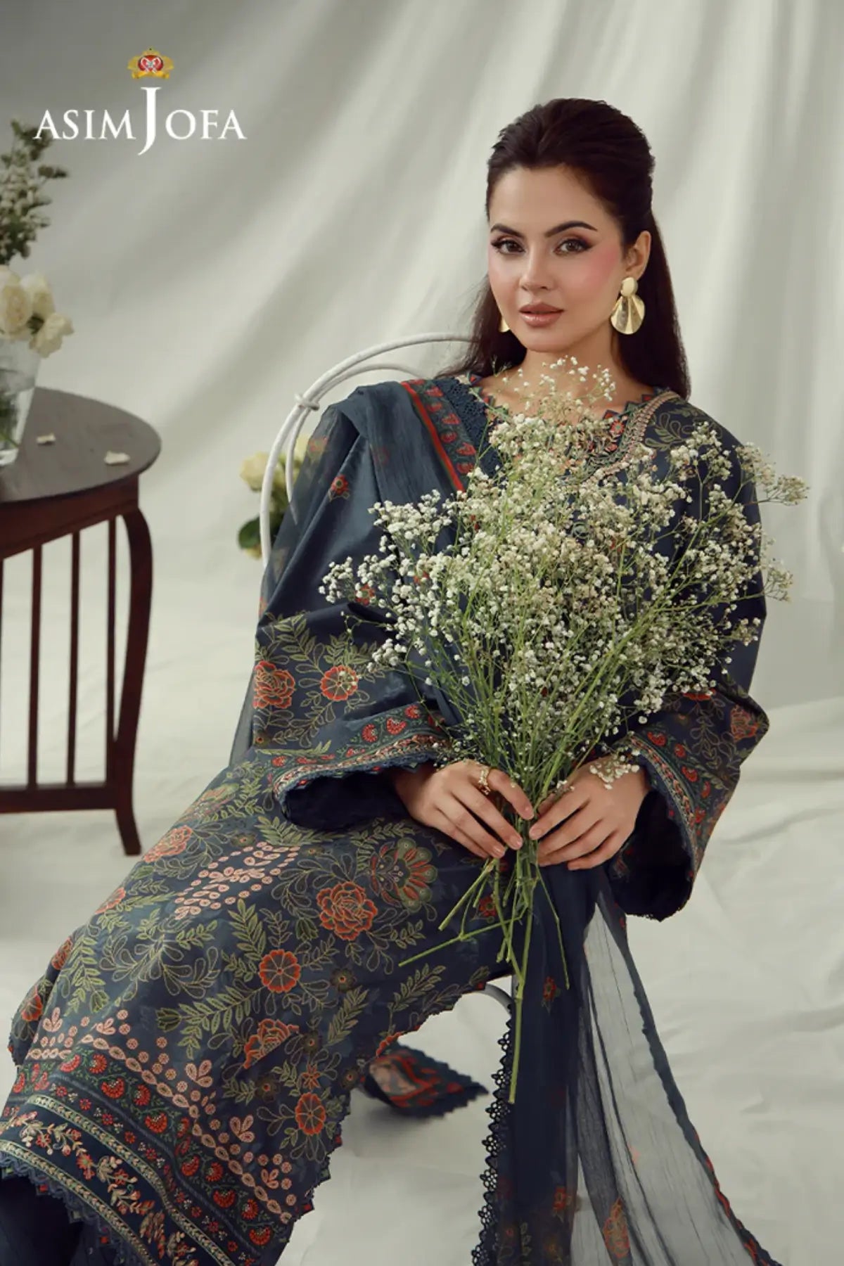 AJUBEP-01 Asim Jofa Dark Grey Printed Cambric Stitched 3PC Suit with embroidered organza neckline, sleeve borders and chiffon dupatta