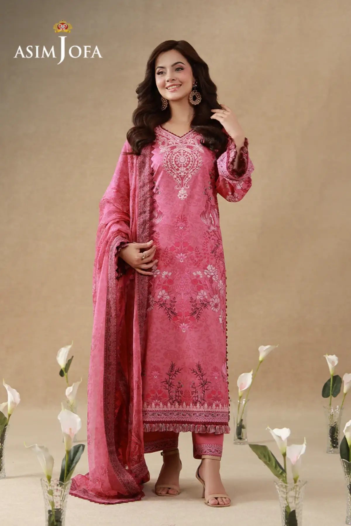AJUBEP-02 Asim Jofa Pink Embroidered Cambric Stitched Suit with printed shirt, chiffon dupatta and matching cambric trousers