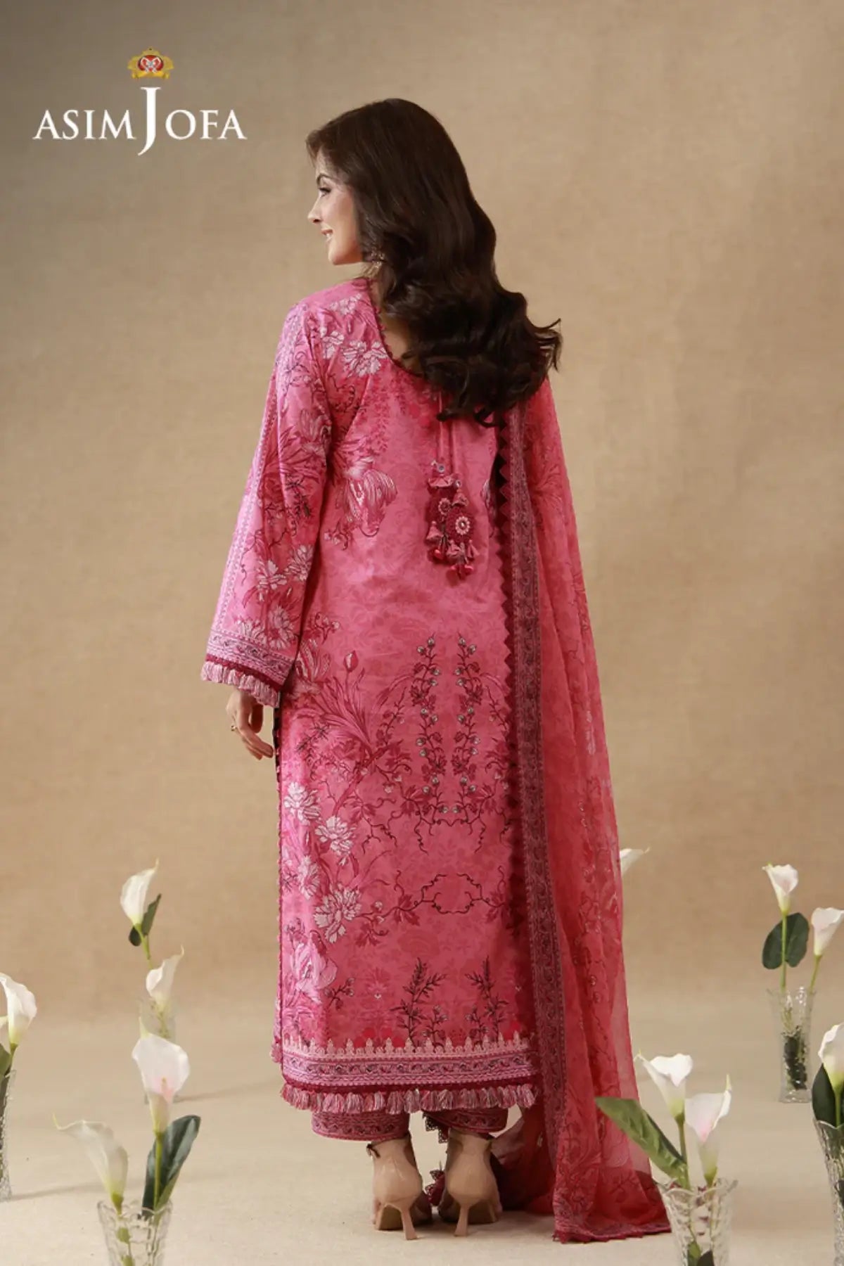 AJUBEP-02 Asim Jofa Pink Embroidered Cambric Stitched Suit with printed shirt, chiffon dupatta and matching cambric trousers
