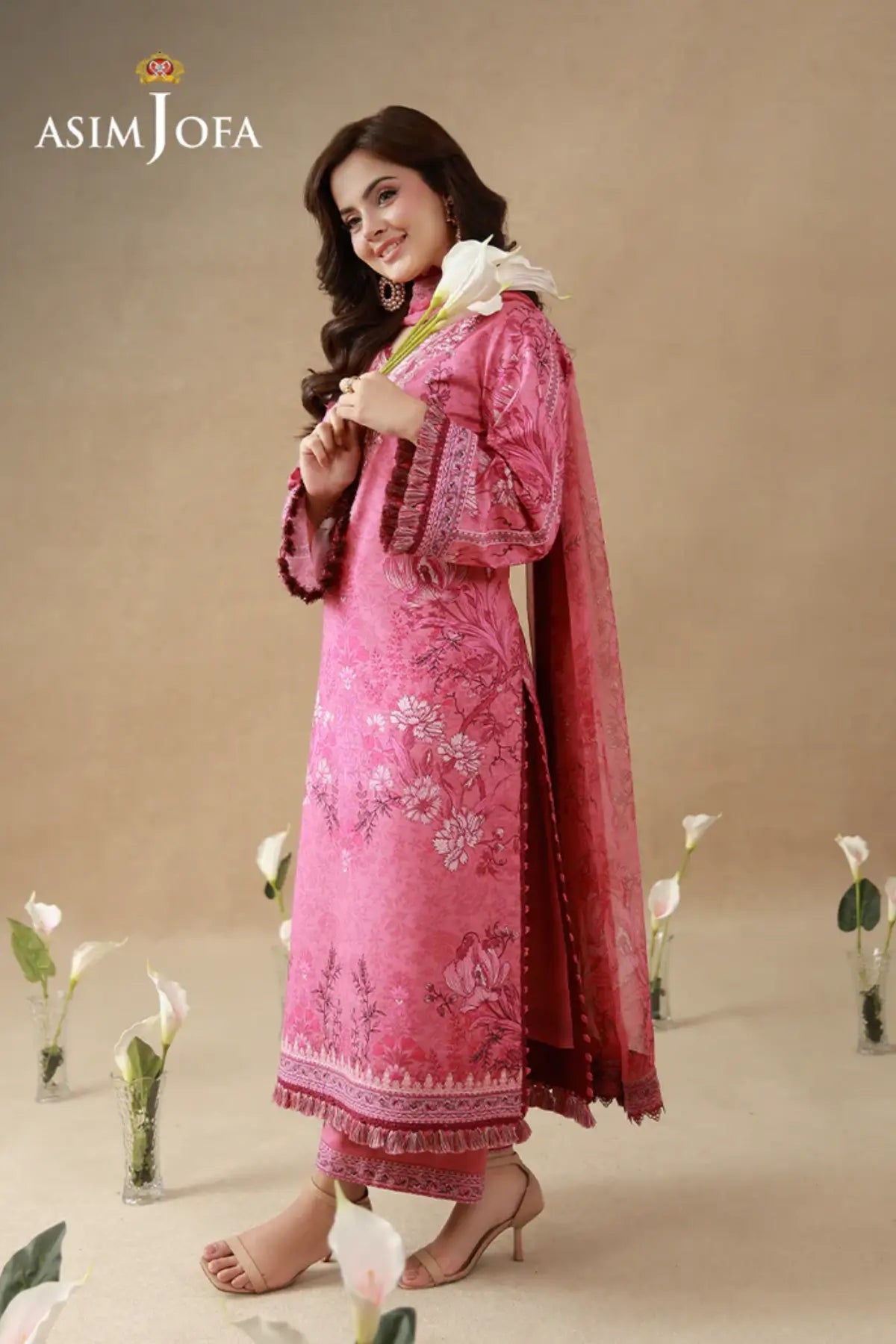 AJUBEP-02 Asim Jofa Pink Embroidered Cambric Stitched Suit with printed shirt, chiffon dupatta and matching cambric trousers