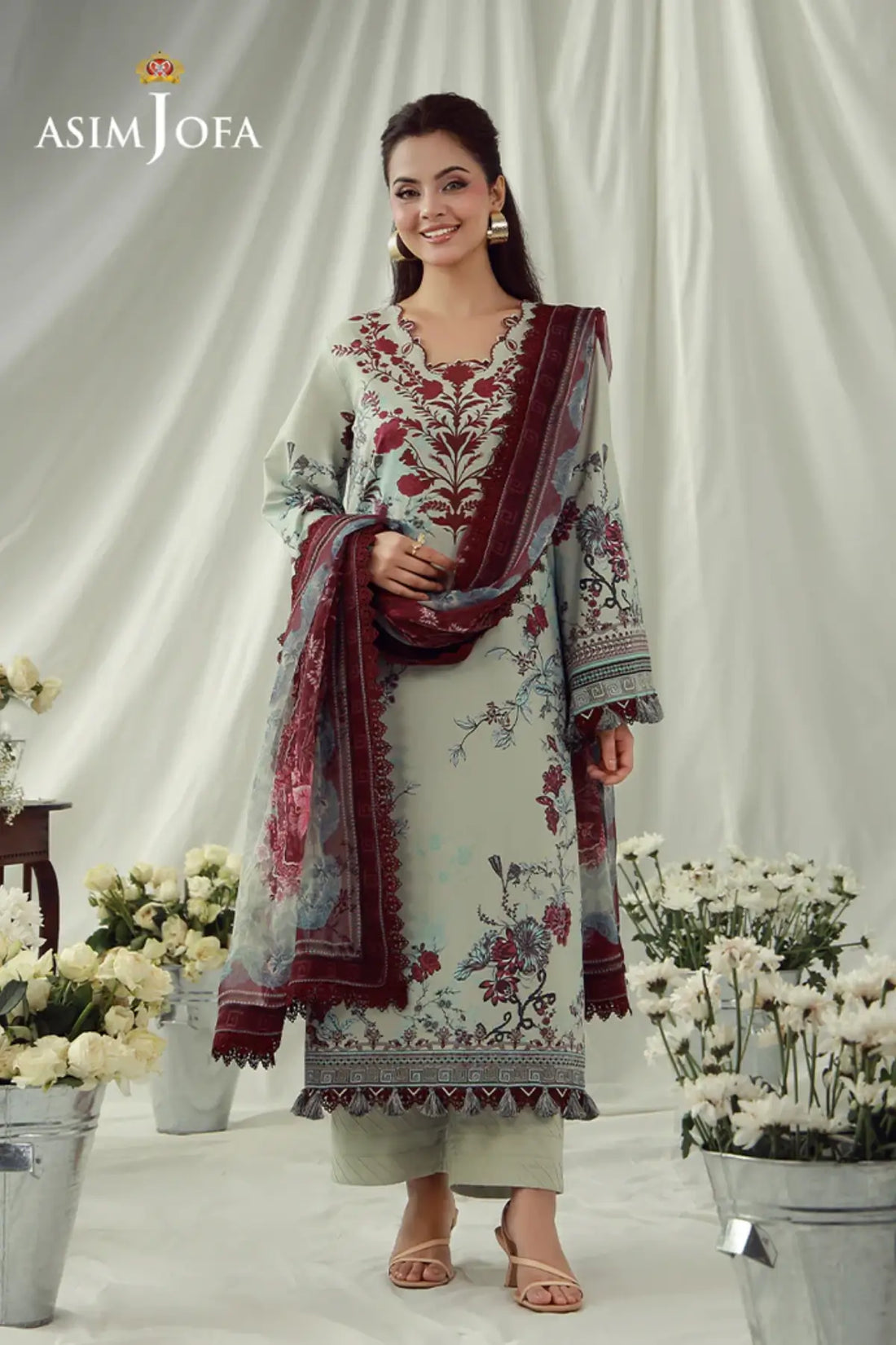 AJUBEP-03 Asim Jofa Muted Blue Ready to Wear Cambric 3PC Suit with digital printed shirt, embroidered organza borders and chiffon dupatta