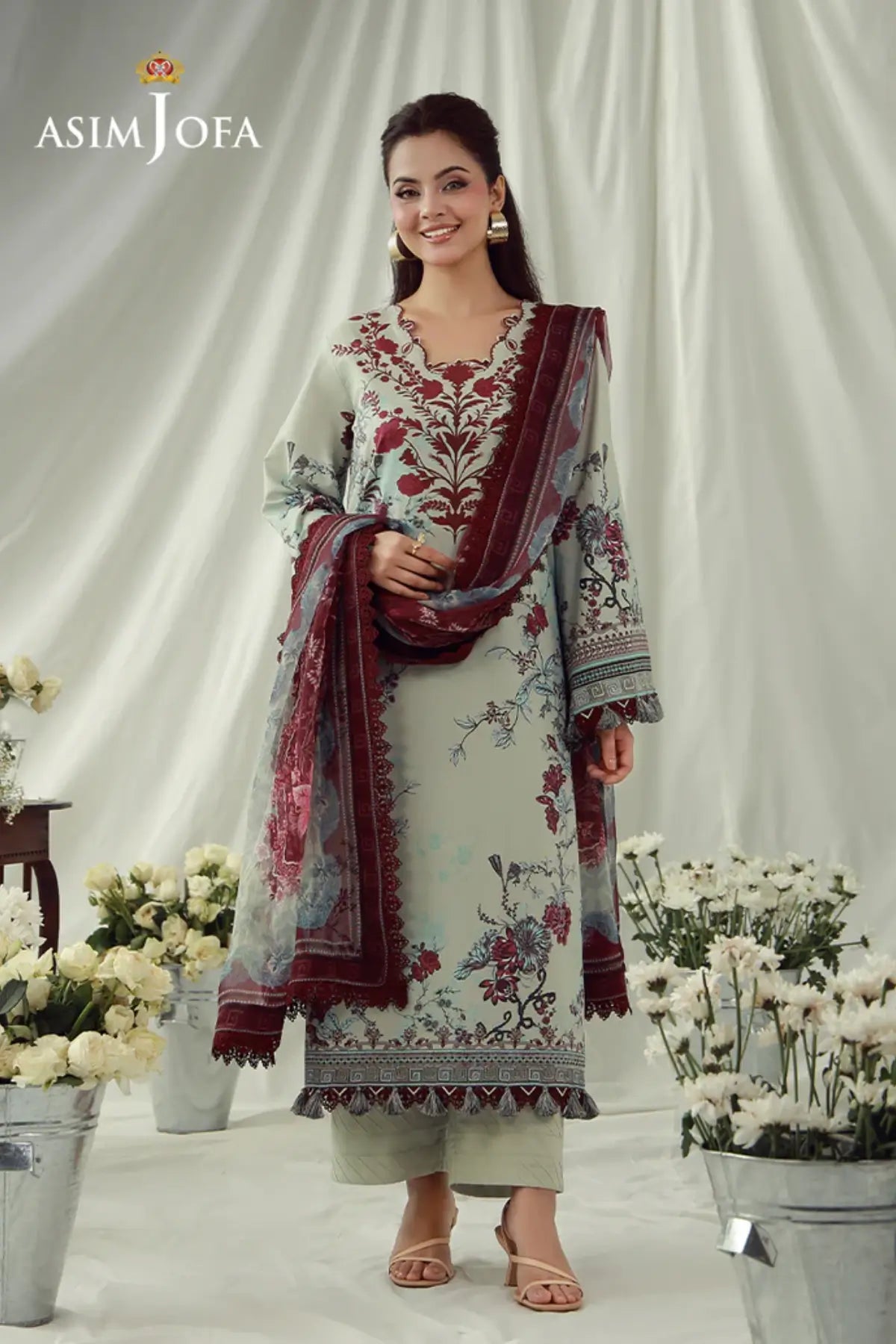 AJUBEP-03 Asim Jofa Muted Blue Ready to Wear Cambric 3PC Suit with digital printed shirt, embroidered organza borders and chiffon dupatta