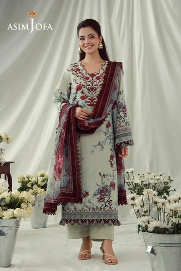 AJUBEP-03 Asim Jofa Muted Blue Ready to Wear Cambric 3PC Suit with digital printed shirt, embroidered organza borders and chiffon dupatta