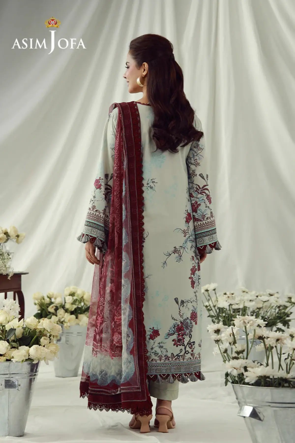AJUBEP-03 Asim Jofa Muted Blue Ready to Wear Cambric 3PC Suit with digital printed shirt, embroidered organza borders and chiffon dupatta