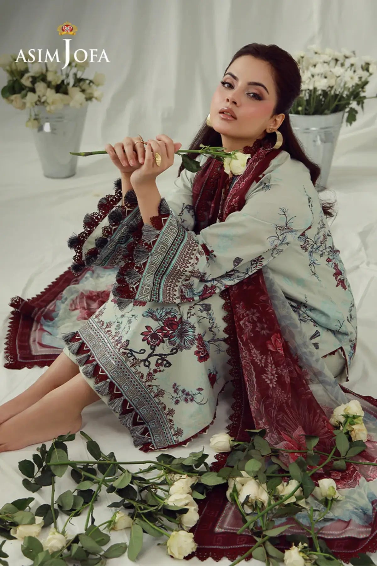 AJUBEP-03 Asim Jofa Muted Blue Ready to Wear Cambric 3PC Suit with digital printed shirt, embroidered organza borders and chiffon dupatta