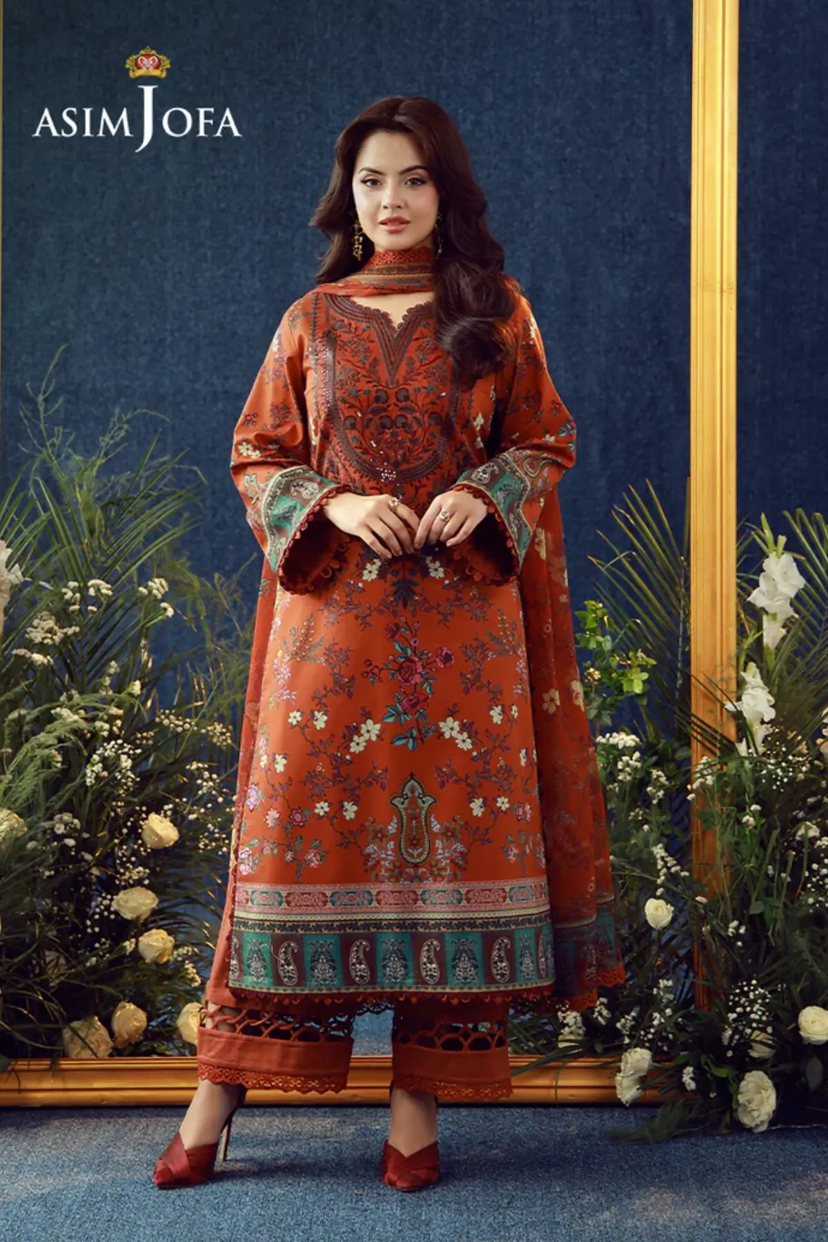 AJUBEP-04 Asim Jofa Rust Printed Cambric Stitched 3PC Suit with embroidered organza neckline, printed chiffon dupatta and matching trousers
