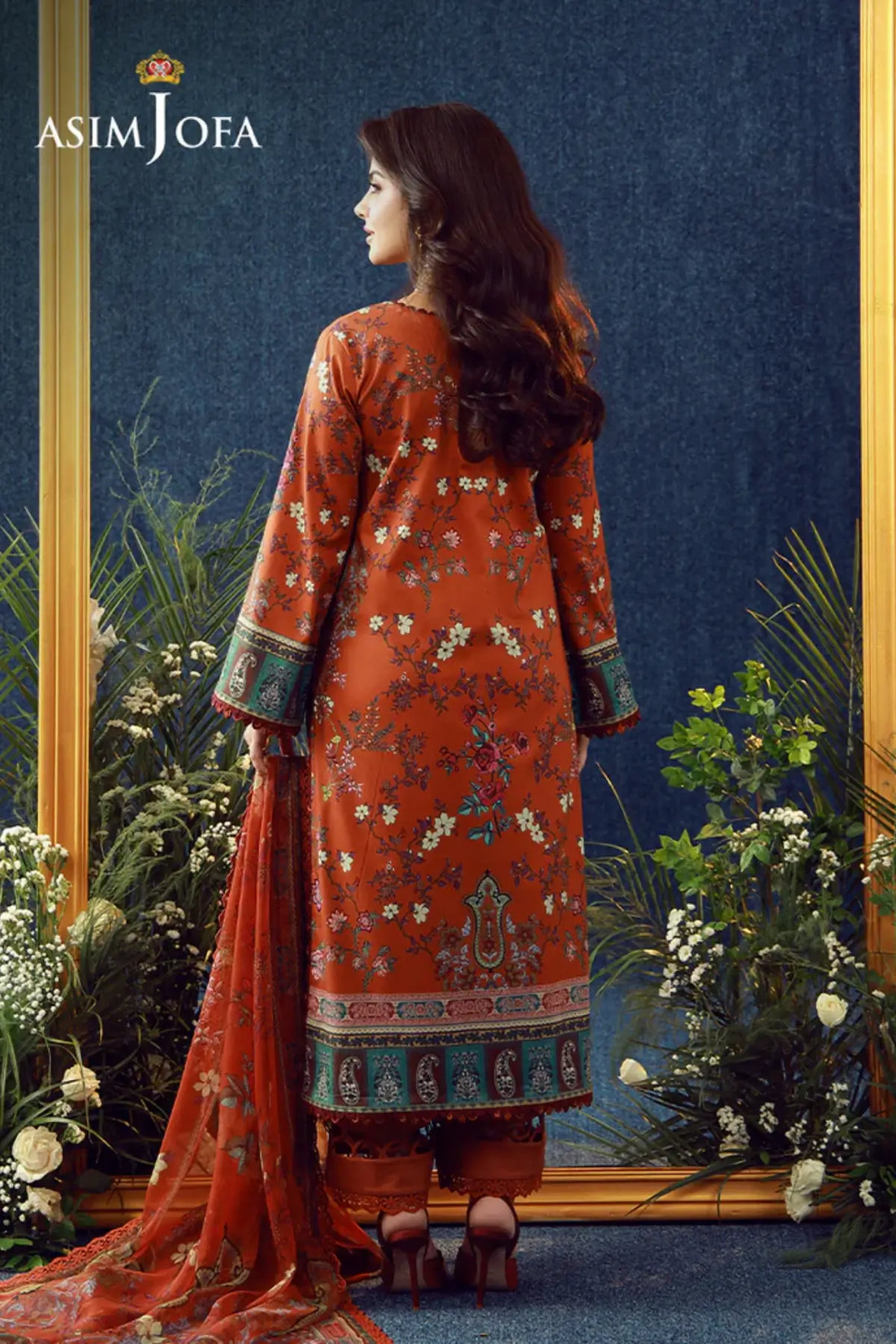 AJUBEP-04 Asim Jofa Rust Printed Cambric Stitched 3PC Suit with embroidered organza neckline, printed chiffon dupatta and matching trousers