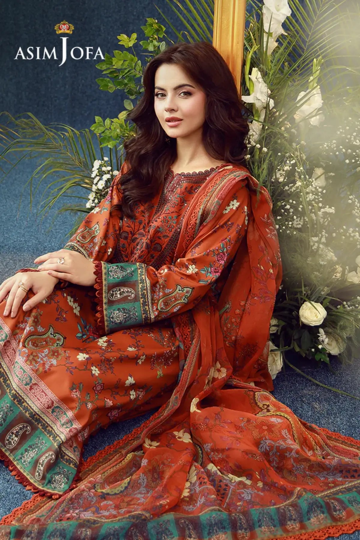 AJUBEP-04 Asim Jofa Rust Printed Cambric Stitched 3PC Suit with embroidered organza neckline, printed chiffon dupatta and matching trousers