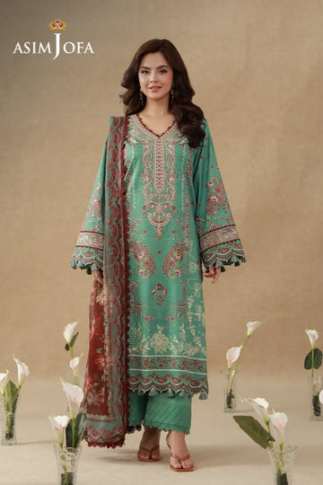 AJUBEP-05 Asim Jofa Ocean Green Embroidered Cambric Stitched Suit with printed shirt, chiffon dupatta and embroidered organza neckline