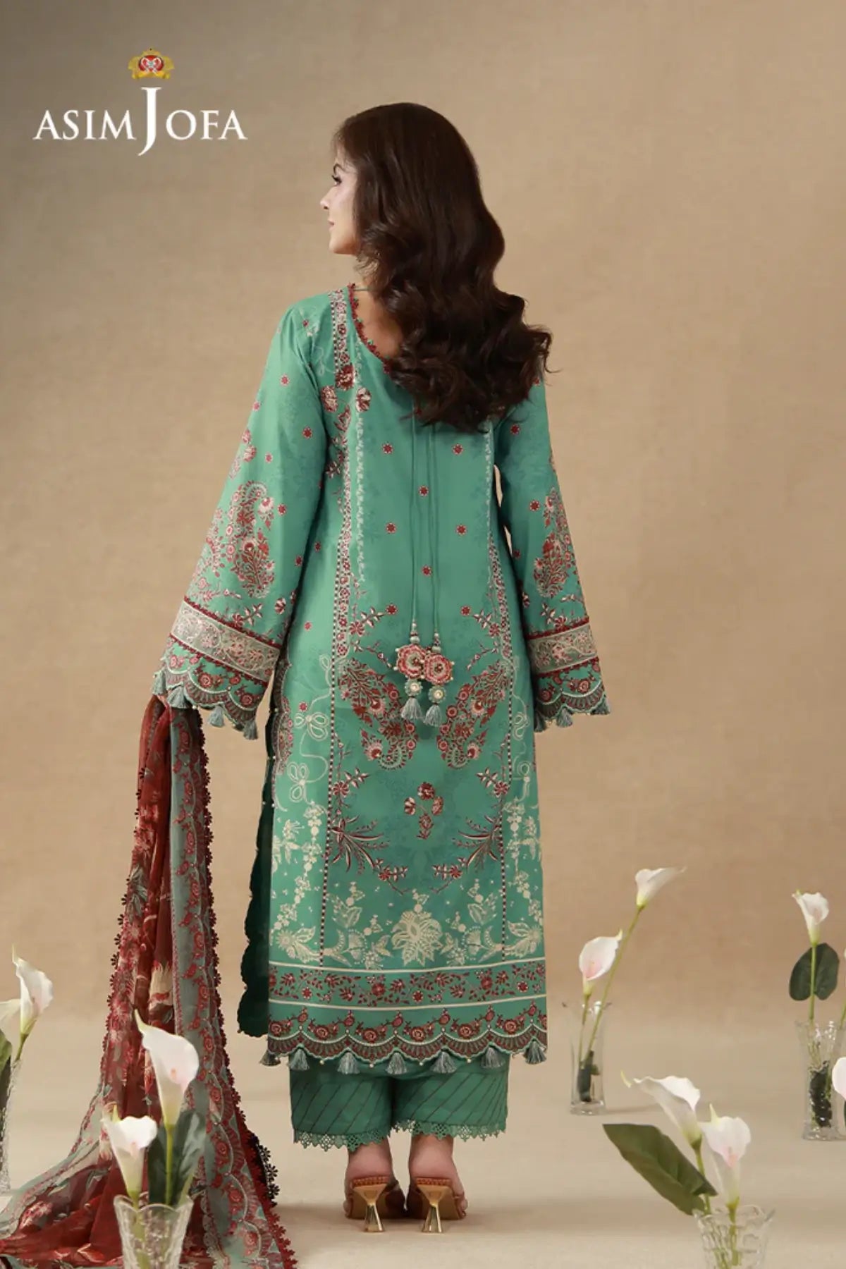AJUBEP-05 Asim Jofa Ocean Green Embroidered Cambric Stitched Suit with printed shirt, chiffon dupatta and embroidered organza neckline