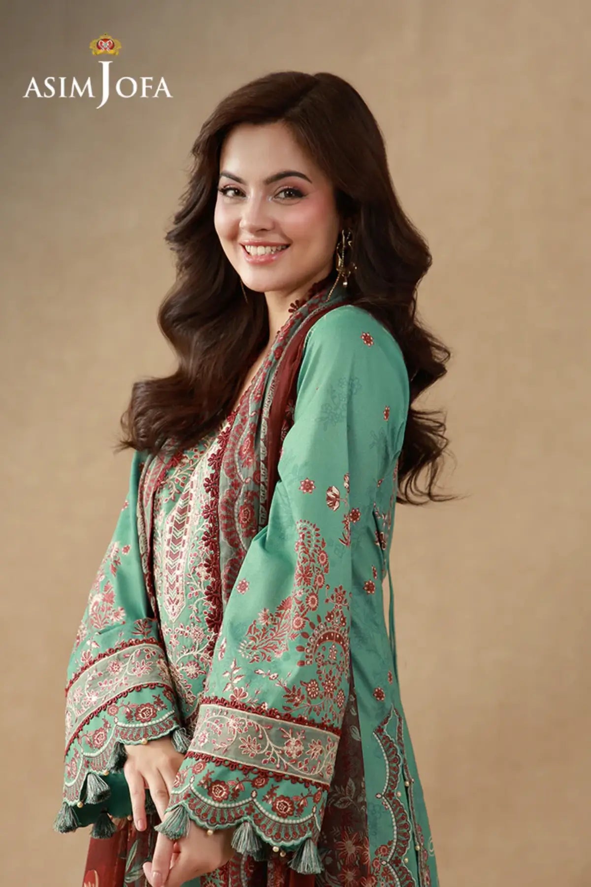 AJUBEP-05 Asim Jofa Ocean Green Embroidered Cambric Stitched Suit with printed shirt, chiffon dupatta and embroidered organza neckline