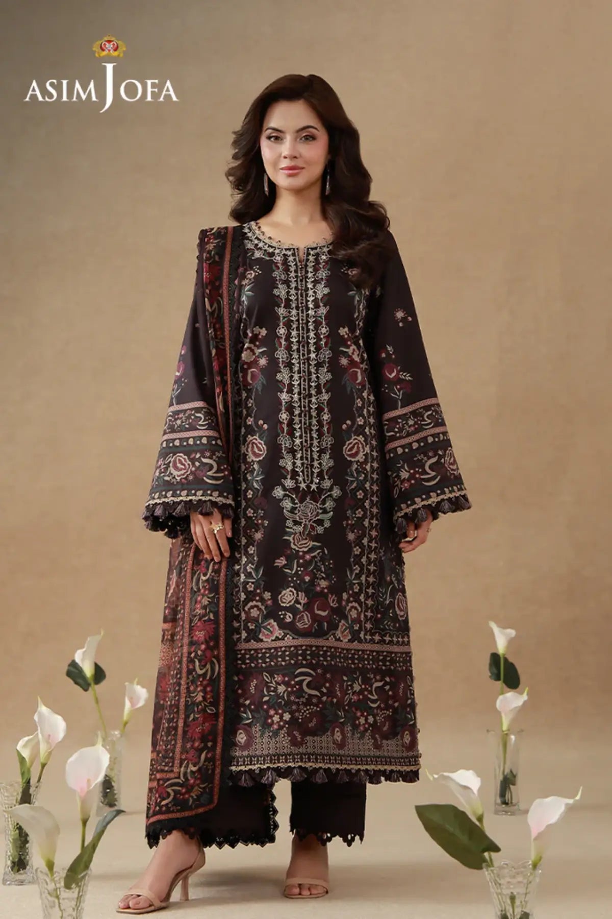 AJUBEP-06 Asim Jofa Deep Maroon Embroidered Cambric 3PC Suit with digital printed shirt, embroidered organza neckline and chiffon dupatta