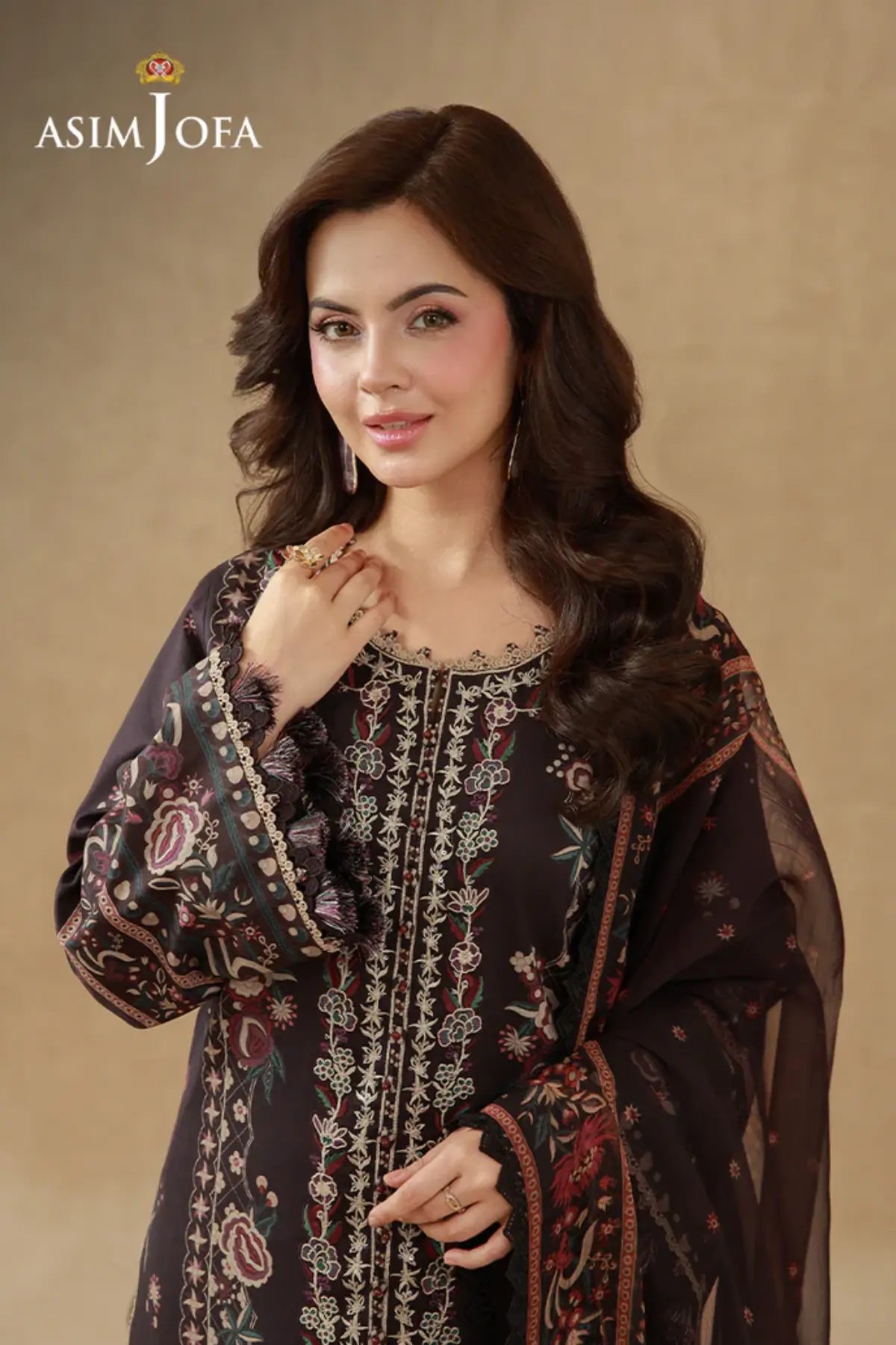 AJUBEP-06 Asim Jofa Deep Maroon Embroidered Cambric 3PC Suit with digital printed shirt, embroidered organza neckline and chiffon dupatta