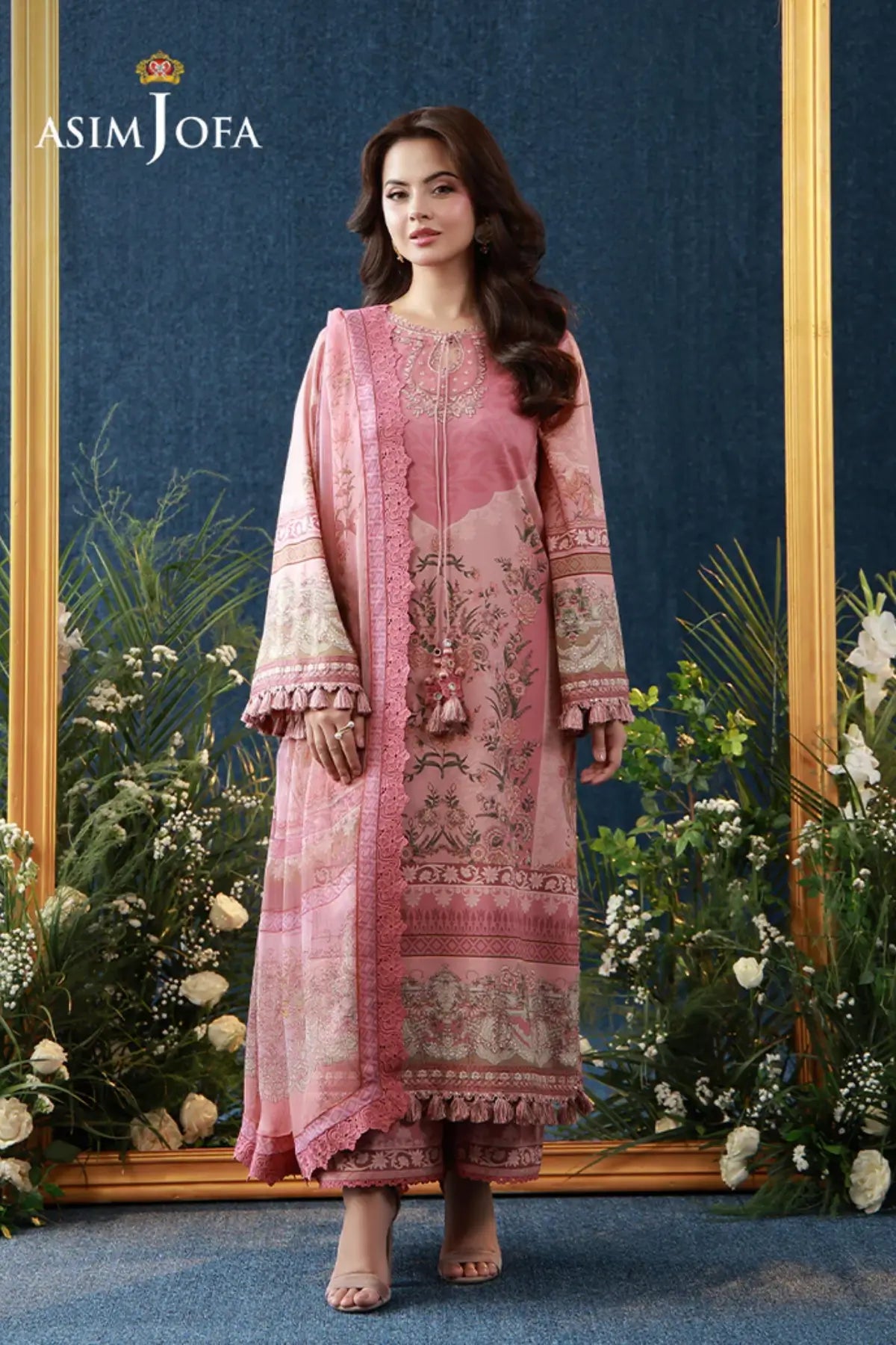 AJUBEP-07 Asim Jofa Pink Premium Cambric Stitched 3PC Suit with embroidered organza neckline, sleeve and daman borders, printed chiffon dupatta