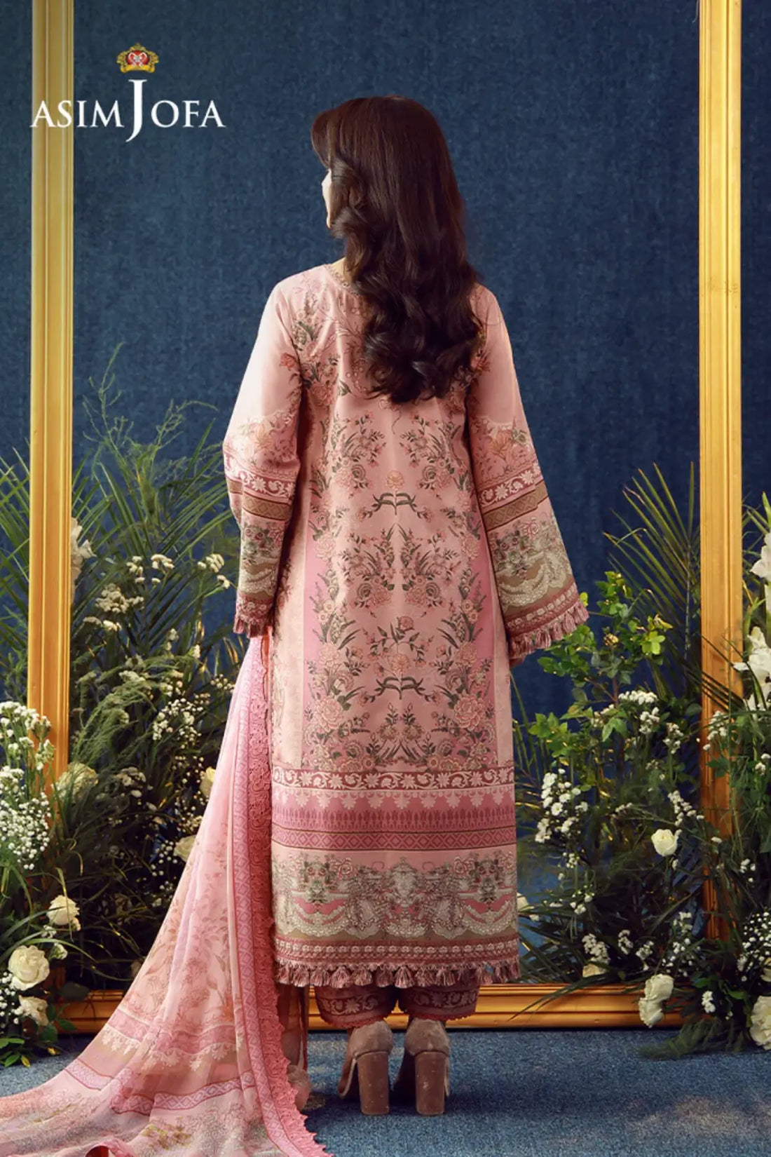 AJUBEP-07 Asim Jofa Pink Premium Cambric Stitched 3PC Suit with embroidered organza neckline, sleeve and daman borders, printed chiffon dupatta