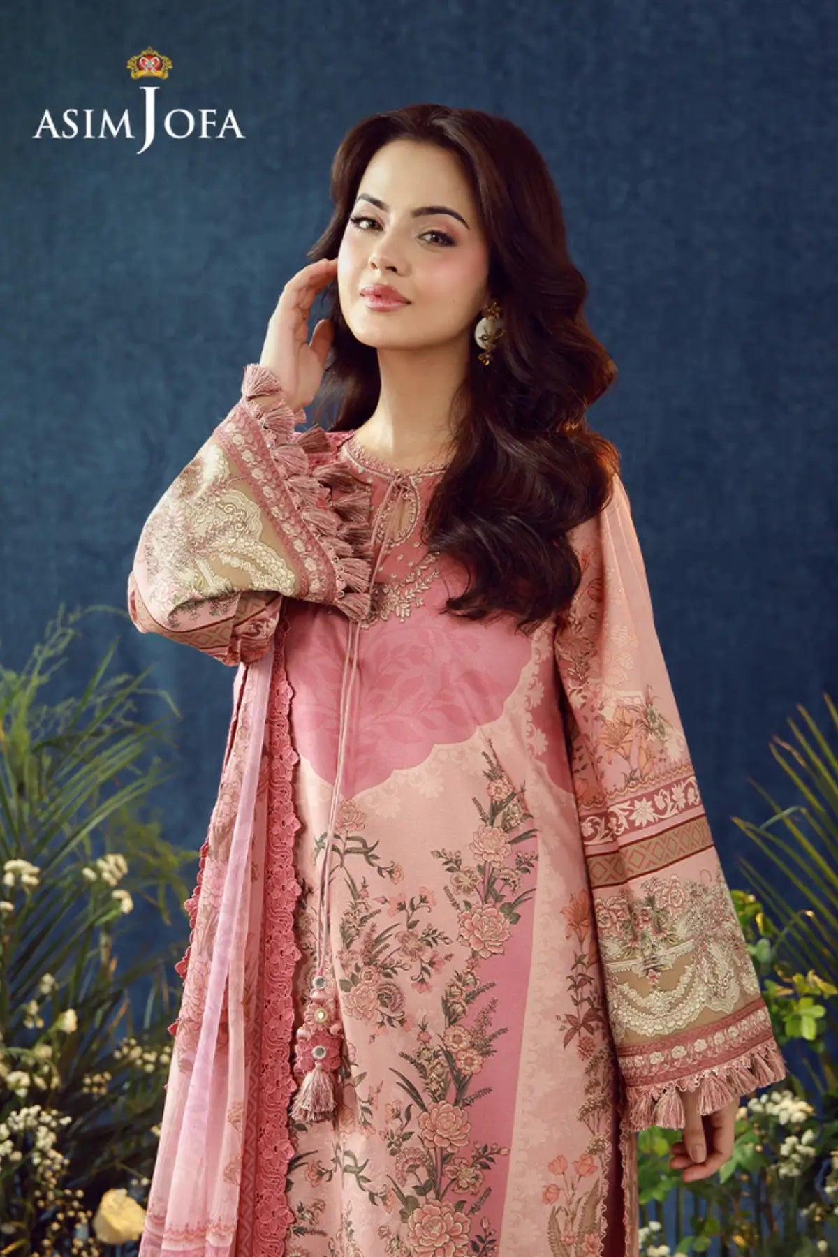 AJUBEP-07 Asim Jofa Pink Premium Cambric Stitched 3PC Suit with embroidered organza neckline, sleeve and daman borders, printed chiffon dupatta