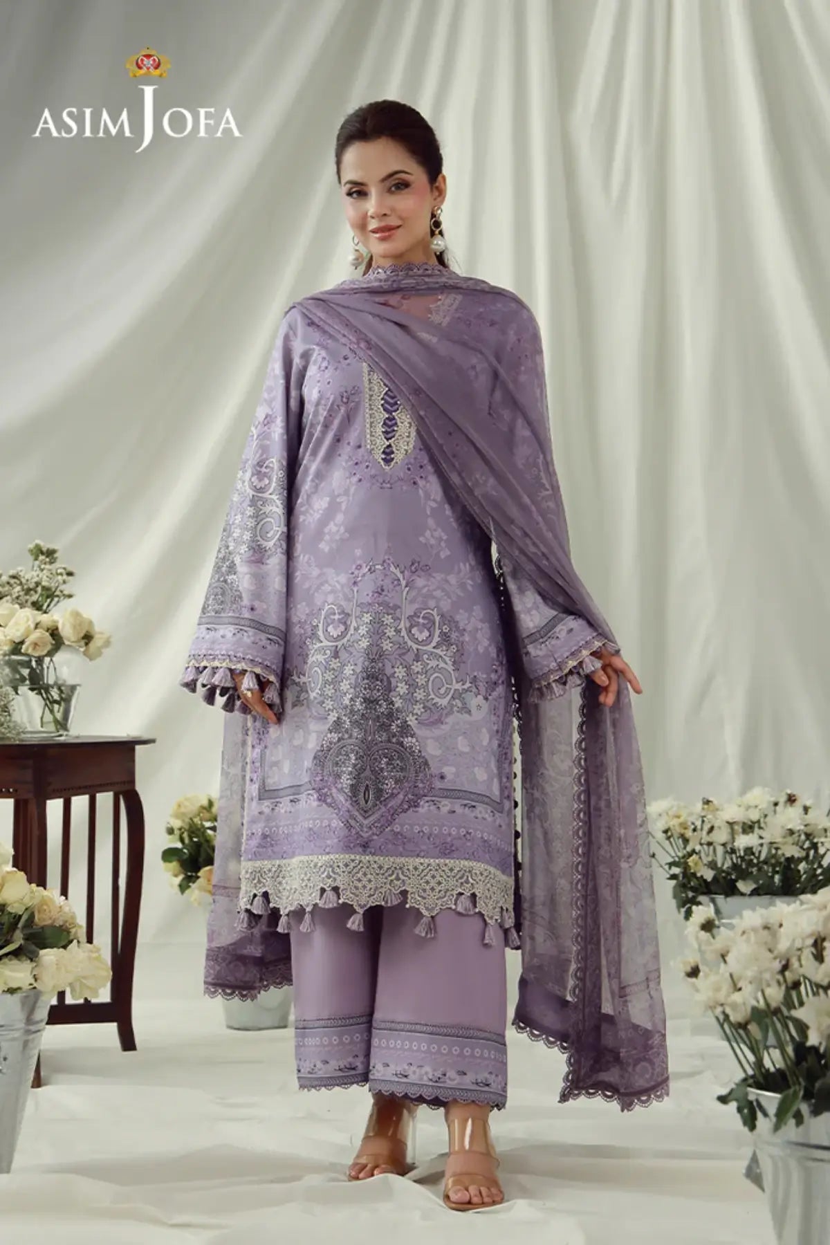 AJUBEP-08 Asim Jofa Lilac Premium Cambric Stitched 3PC Suit with printed shirt, chiffon dupatta and cambric trousers for women.